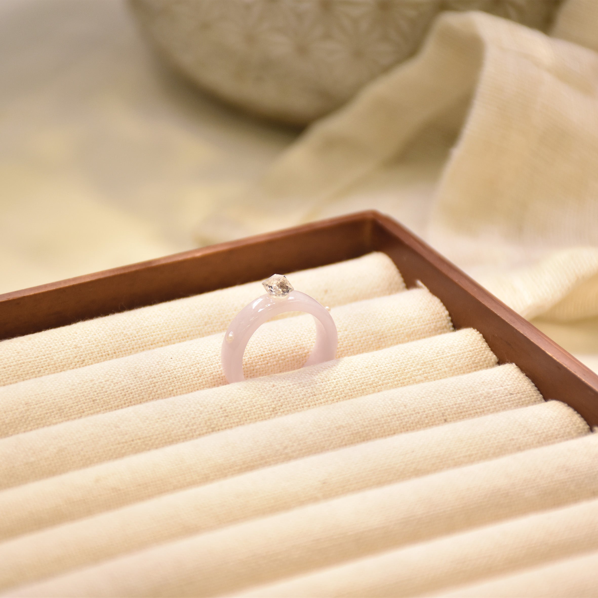 Purple Jade with Herkimer Diamond & Freshwater Pearl Ring - OON Jewellery 