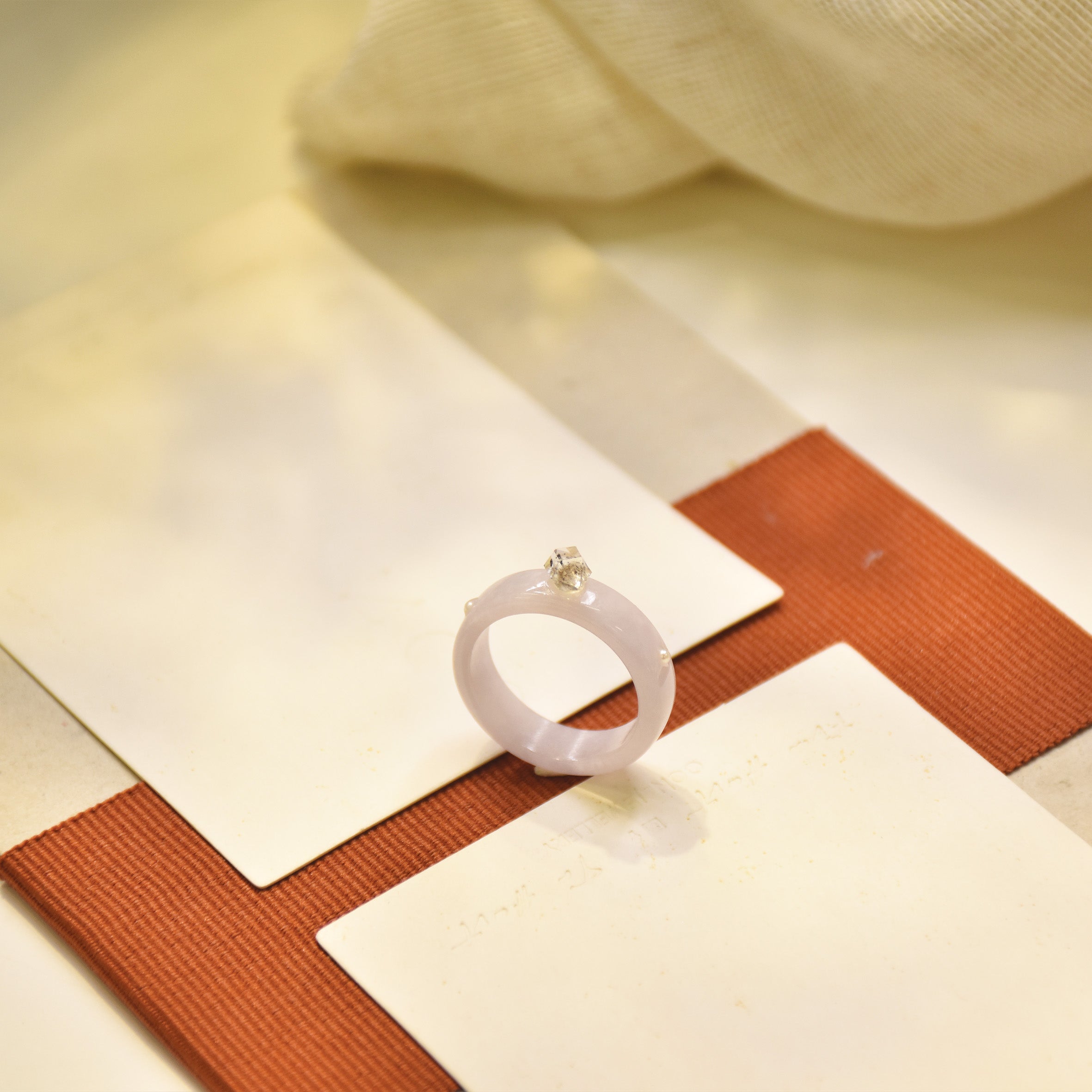 Purple Jade with Herkimer Diamond & Freshwater Pearl Ring - OON Jewellery 